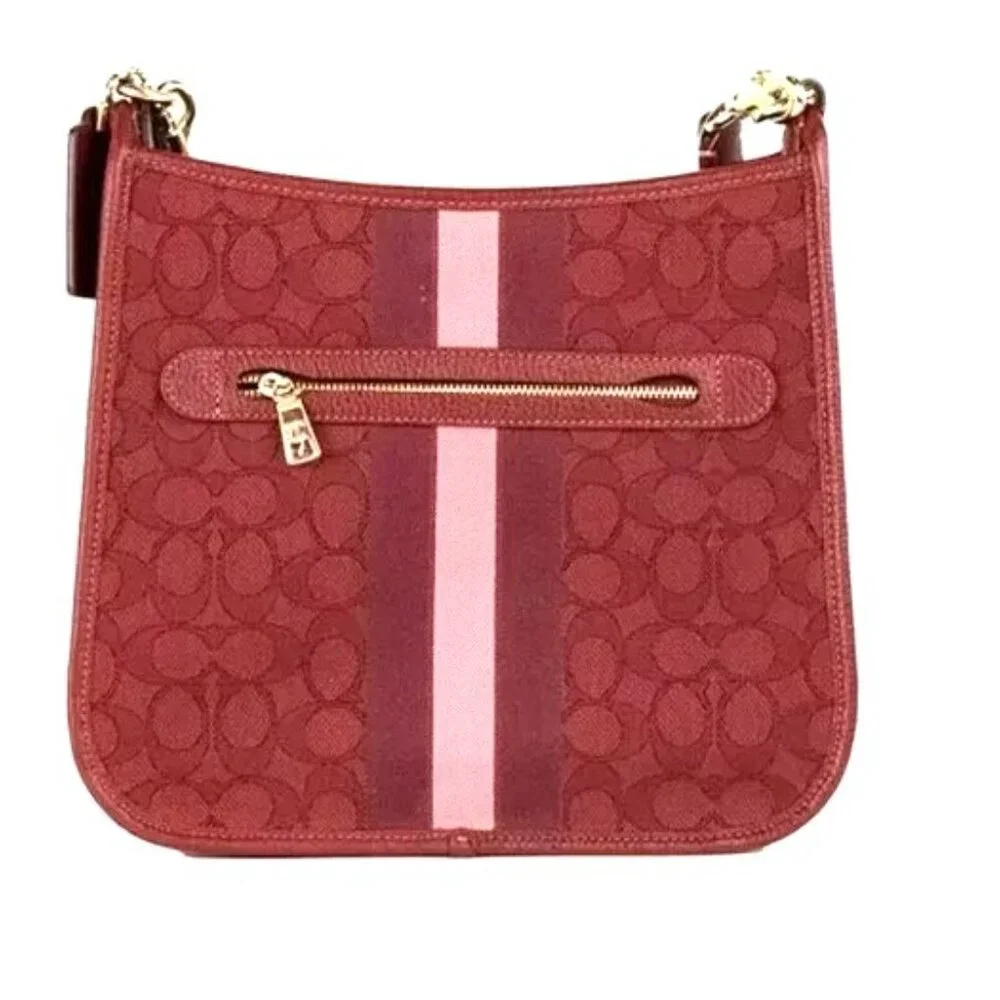 Coach Red Signature Canvas Crossbody Bag with Pink Stripe